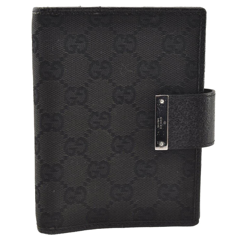Authentic GUCCI Agenda Notebook Cover Purse GG Canvas Leather 115240 Black 4892I
