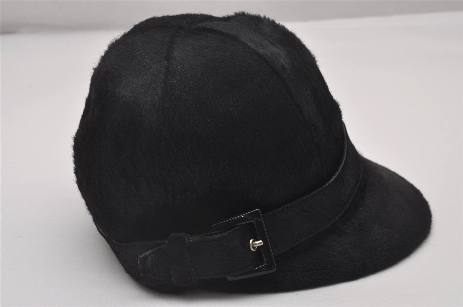 Authentic PRADA Vintage Cap Hat Unborn Calf Leather Size M Black 4896I