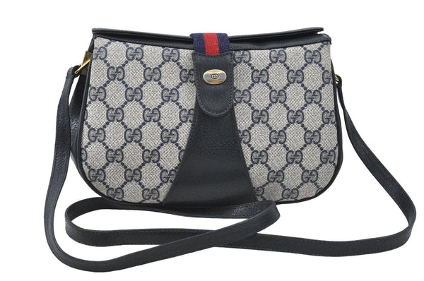 Authentic GUCCI Sherry Line Shoulder Cross Body Bag GG PVC Leather Navy 4900D