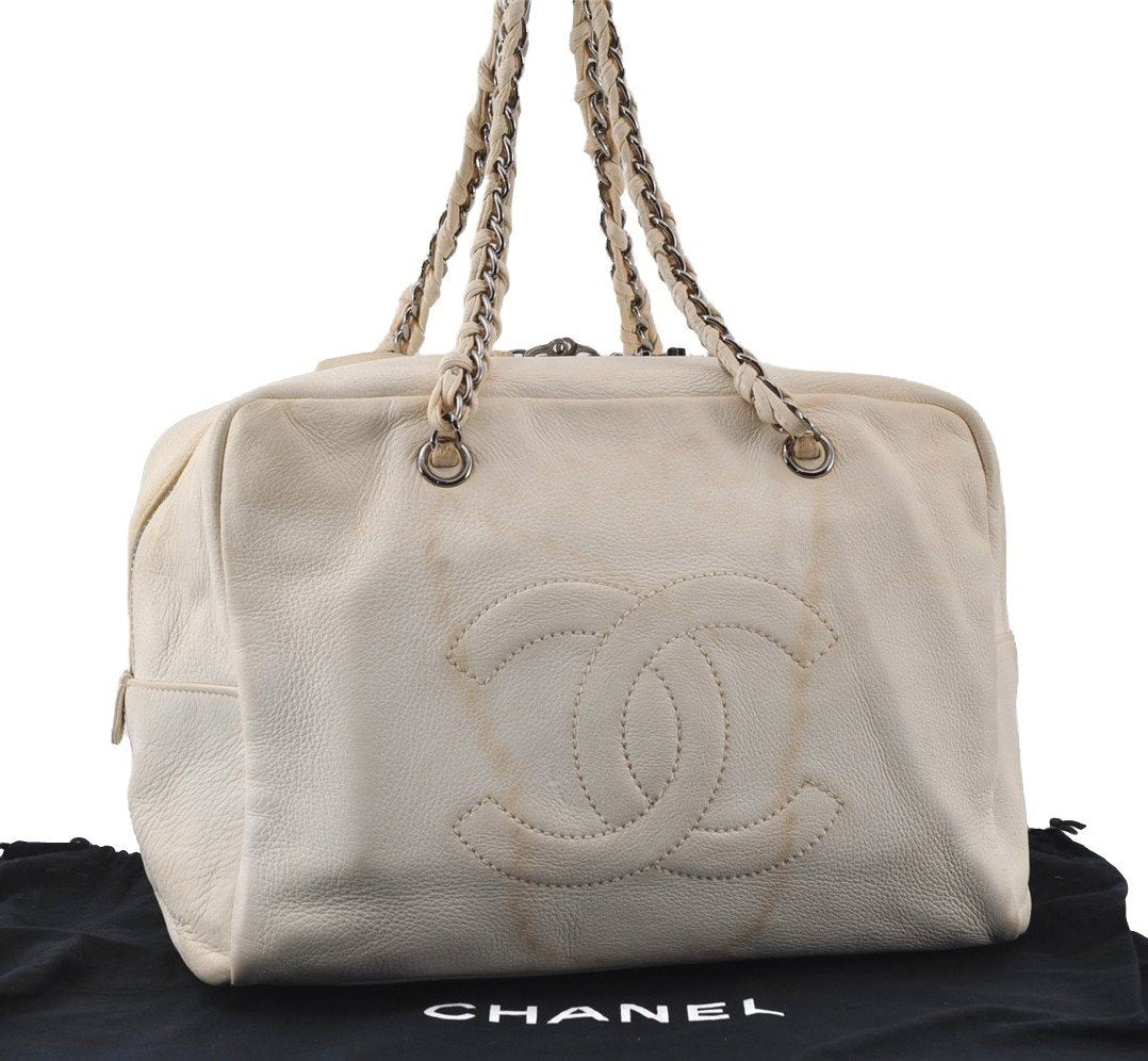 Authentic CHANEL Lamb Skin Vintage Chain Shoulder Tote Bag White CC 4900I