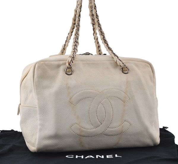 Authentic CHANEL Lamb Skin Vintage Chain Shoulder Tote Bag White CC 4900I