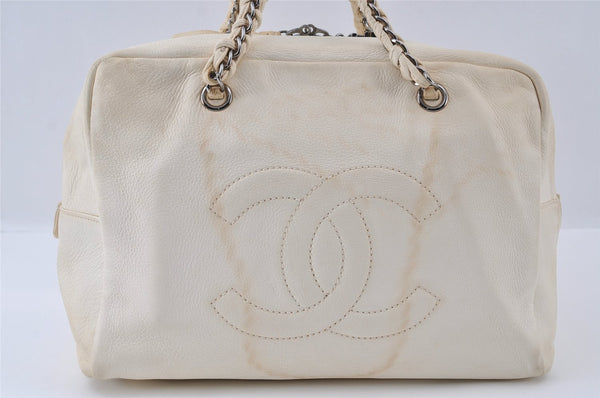 Authentic CHANEL Lamb Skin Vintage Chain Shoulder Tote Bag White CC 4900I