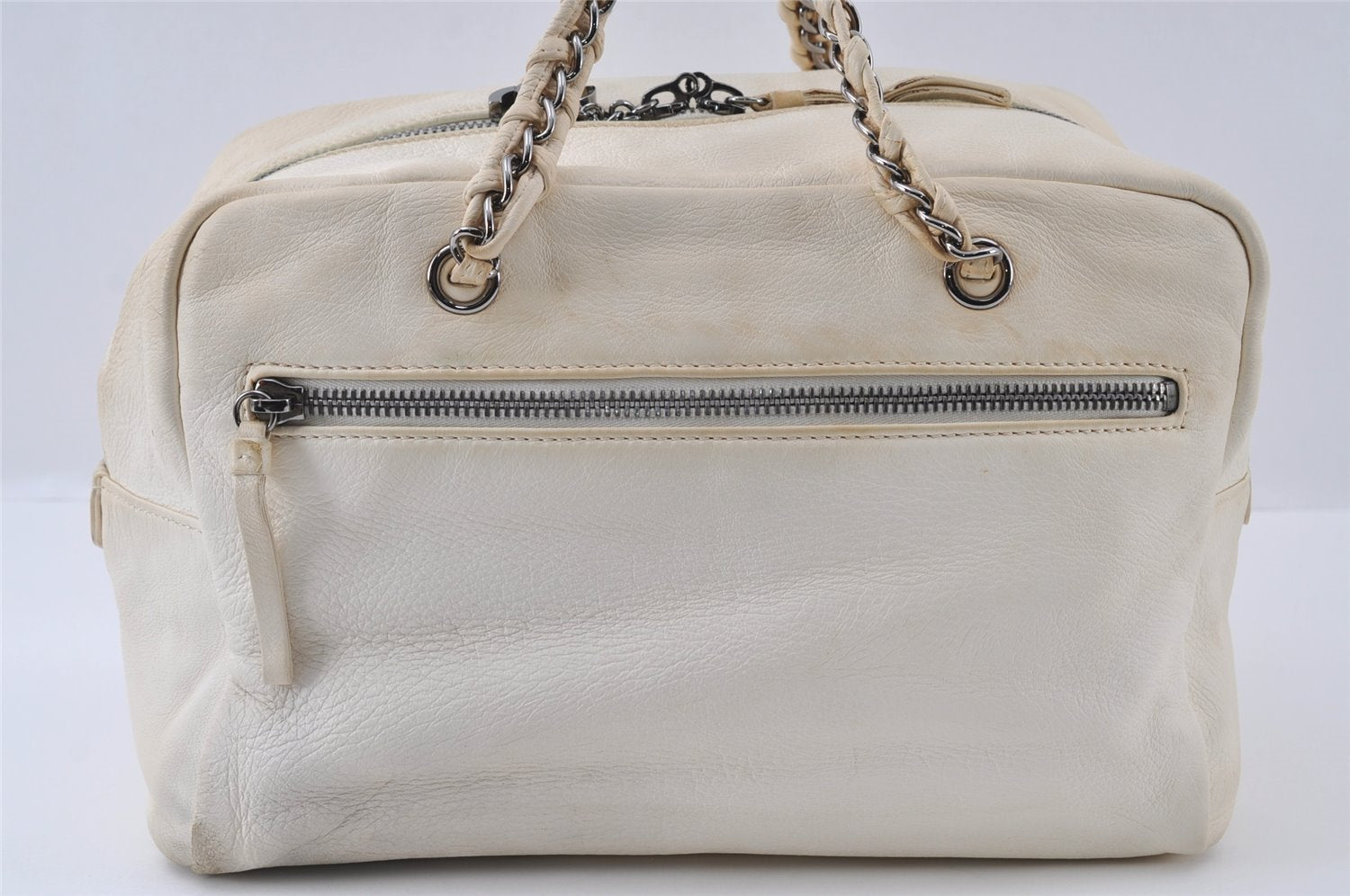 Authentic CHANEL Lamb Skin Vintage Chain Shoulder Tote Bag White CC 4900I