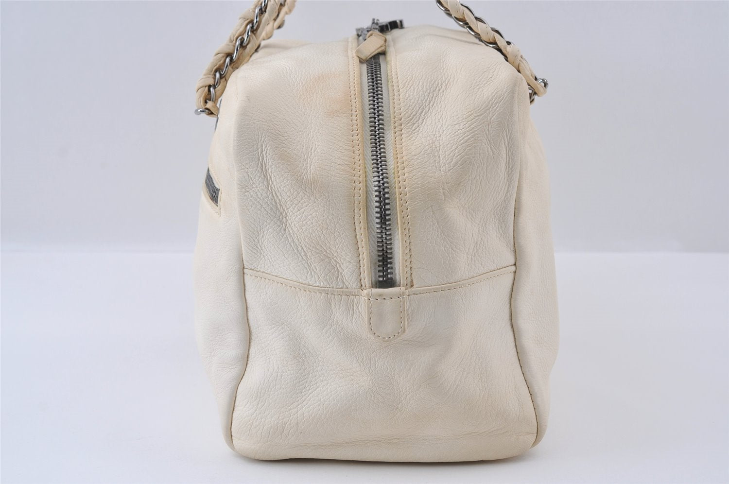 Authentic CHANEL Lamb Skin Vintage Chain Shoulder Tote Bag White CC 4900I