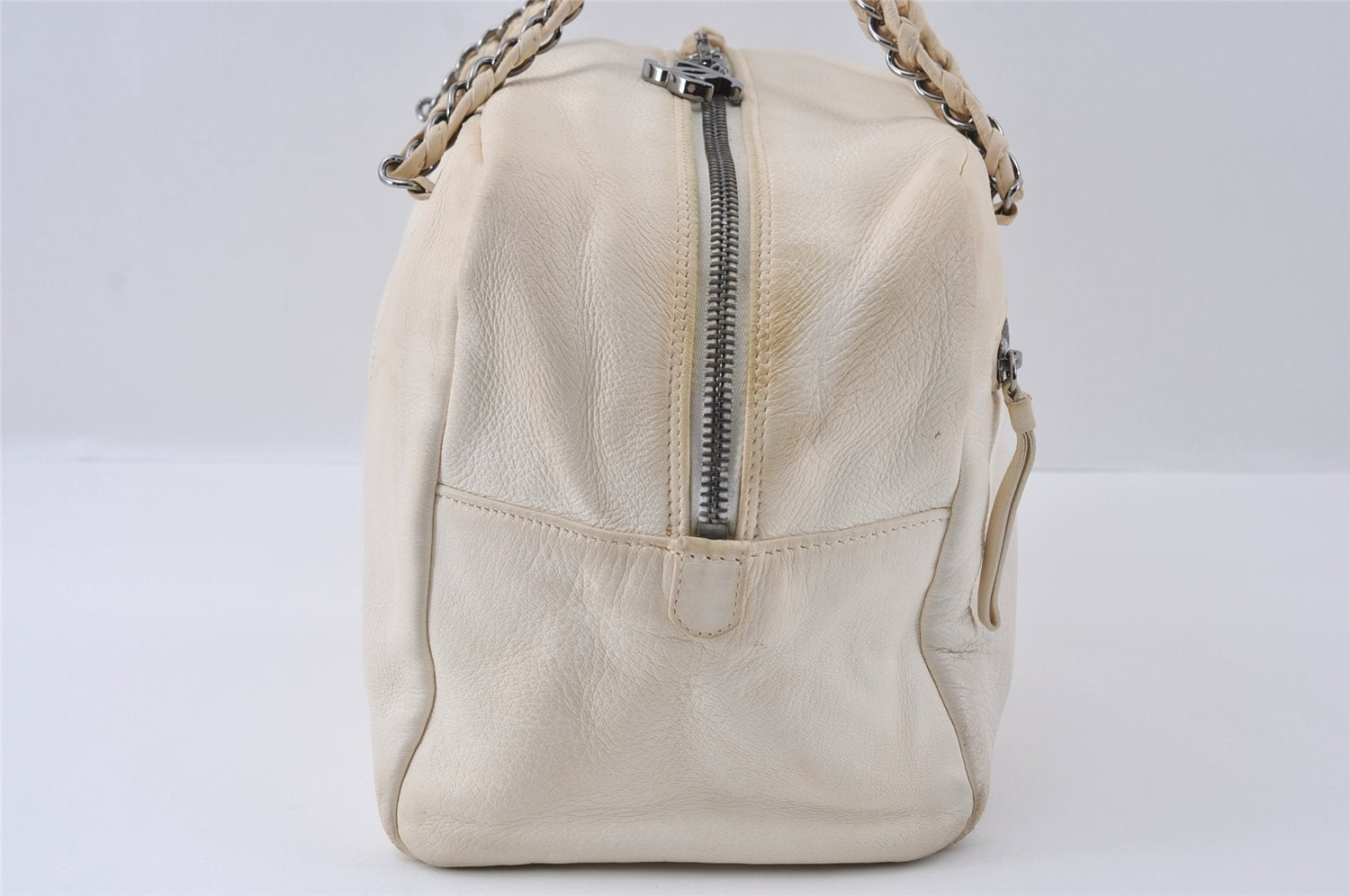 Authentic CHANEL Lamb Skin Vintage Chain Shoulder Tote Bag White CC 4900I