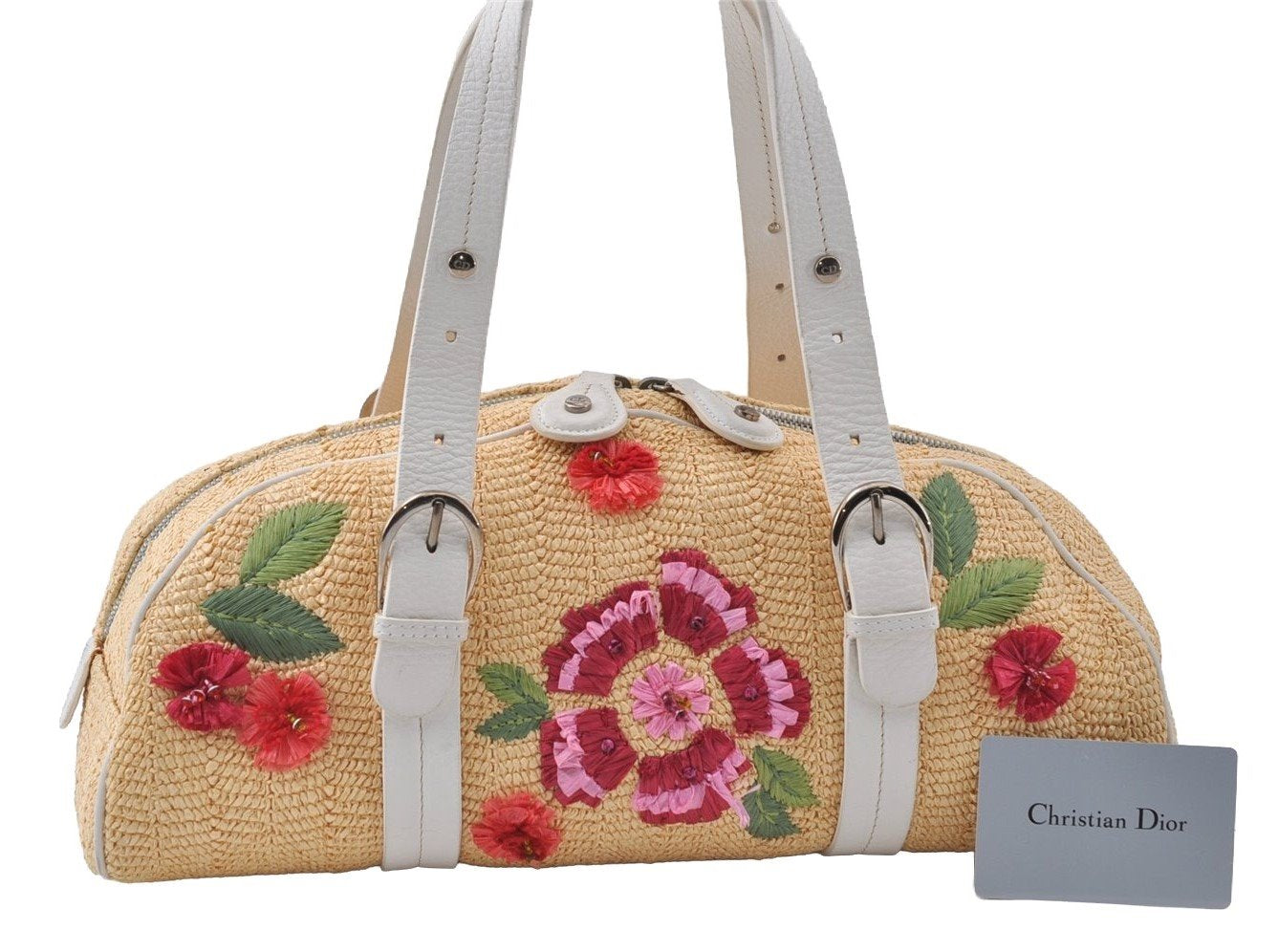 Authentic Christian Dior Shoulder Hand Bag Flower Straw Leather Beige CD 4901I