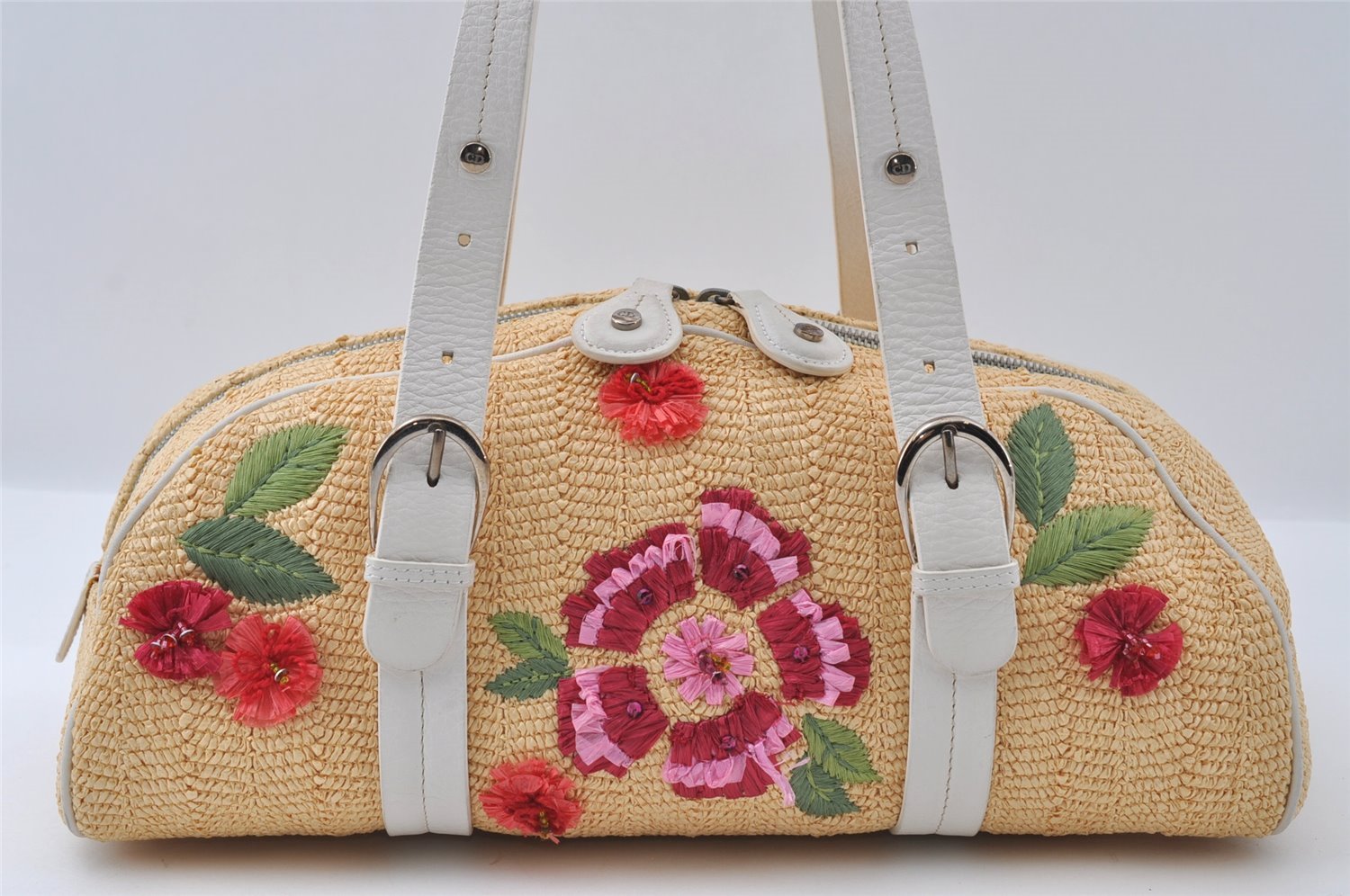 Authentic Christian Dior Shoulder Hand Bag Flower Straw Leather Beige CD 4901I