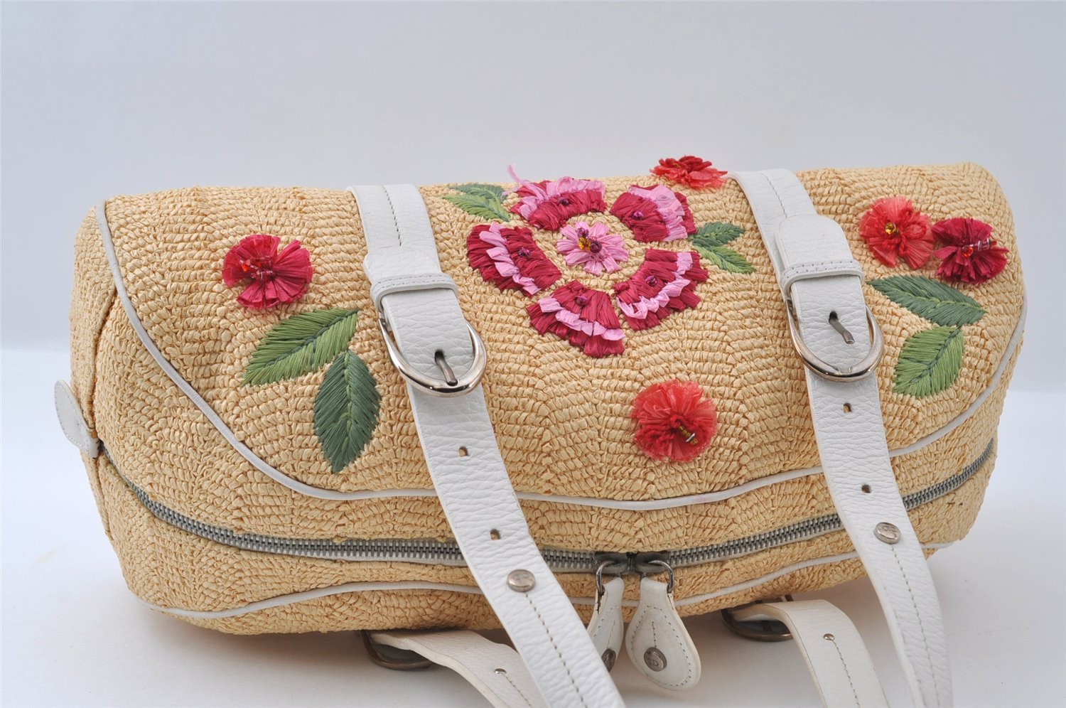 Authentic Christian Dior Shoulder Hand Bag Flower Straw Leather Beige CD 4901I