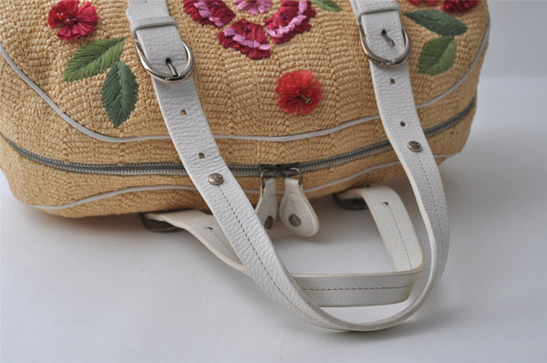 Authentic Christian Dior Shoulder Hand Bag Flower Straw Leather Beige CD 4901I