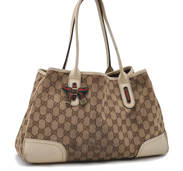 Auth GUCCI Web Sherry Line Princy Ribbon Tote Bag GG Canvas 163805 Brown 4907C