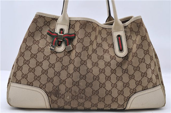 Auth GUCCI Web Sherry Line Princy Ribbon Tote Bag GG Canvas 163805 Brown 4907C