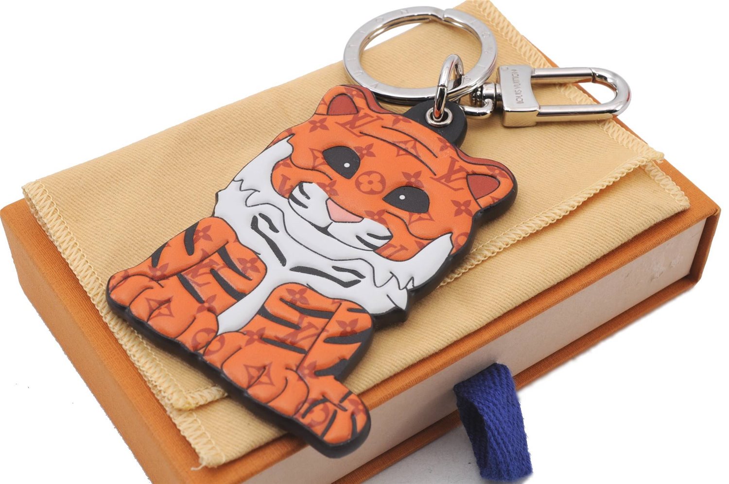 LOUIS VUITTON Monogram Porte Cles Tiger Charm Key Ring Orange M77174 Box 4923C