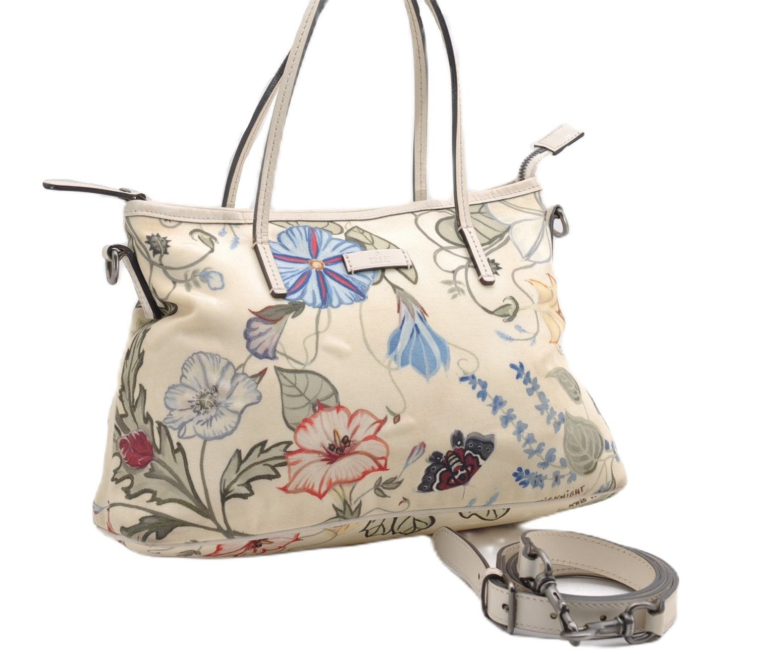 Auth GUCCI Chris Knight Flora 2Way Hand Bag Nylon Leather 353440 Ivory 4923F