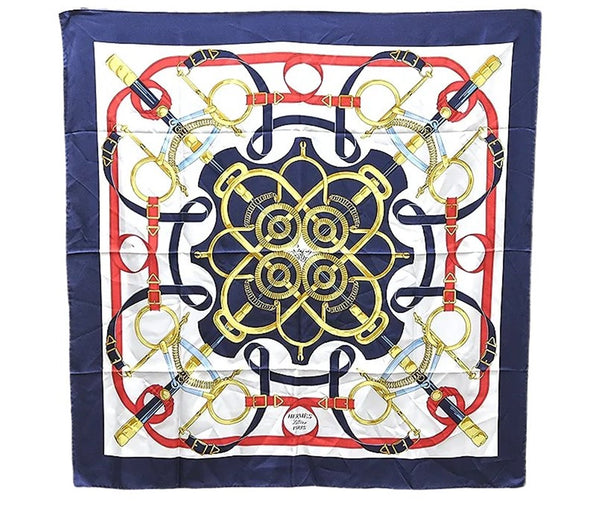 Authentic HERMES Carre 90 Scarf "EPERON D'OR" Silk Navy 4927E