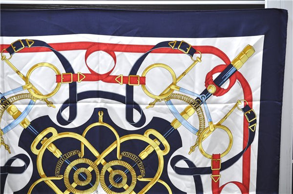 Authentic HERMES Carre 90 Scarf "EPERON D'OR" Silk Navy 4927E