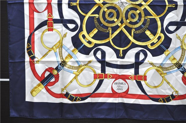 Authentic HERMES Carre 90 Scarf "EPERON D'OR" Silk Navy 4927E