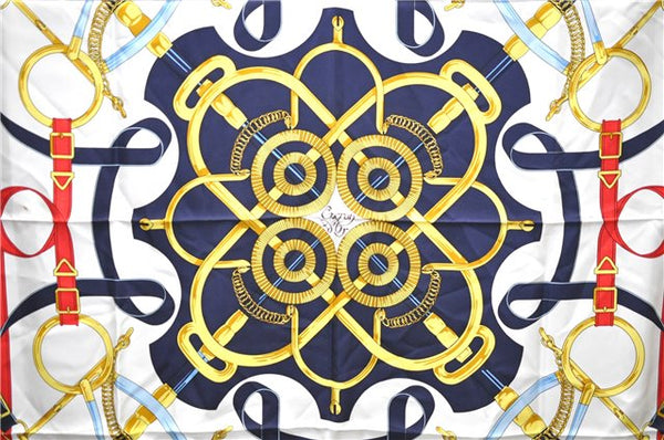 Authentic HERMES Carre 90 Scarf "EPERON D'OR" Silk Navy 4927E