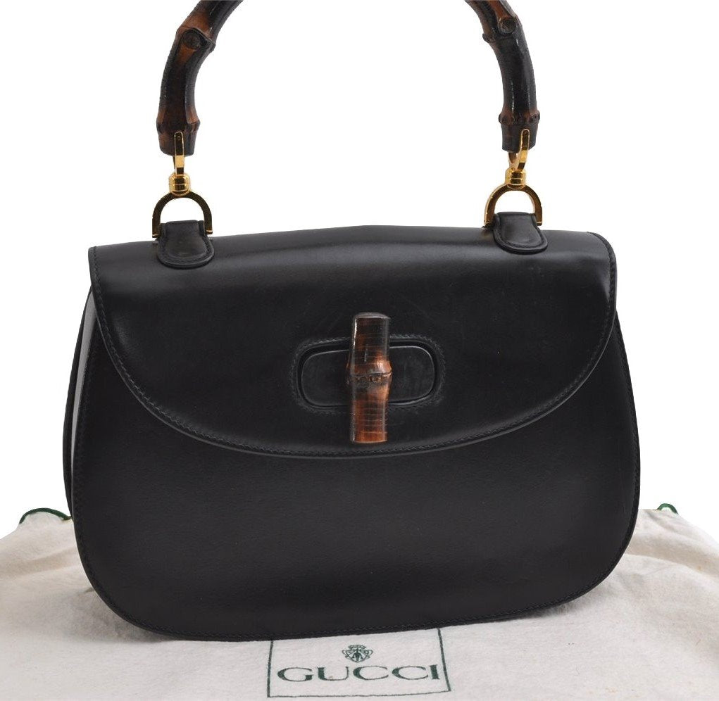 Authentic GUCCI Vintage Bamboo Hand Bag Purse Leather Black 4929I
