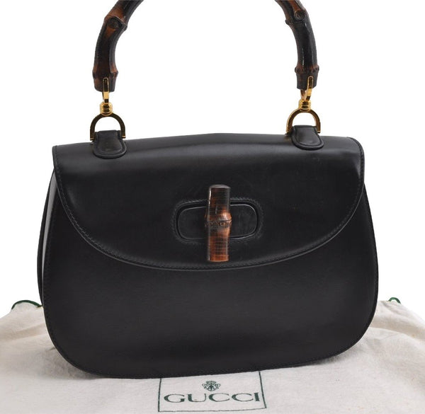 Authentic GUCCI Vintage Bamboo Hand Bag Purse Leather Black 4929I