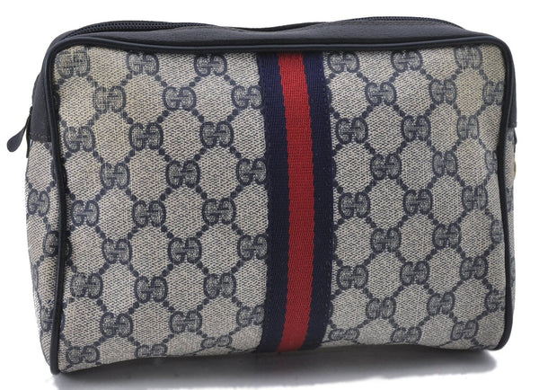 Authentic GUCCI Sherry Line Clutch Bag GG PVC Leather Navy 4937D