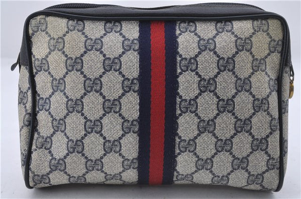 Authentic GUCCI Sherry Line Clutch Bag GG PVC Leather Navy 4937D