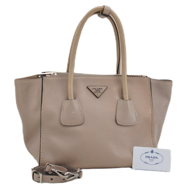 Authentic PRADA GLACE CALF Leather 2Way Shoulder Hand Bag B2625M Beige 4945F