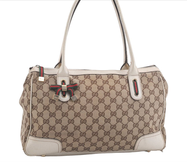 Auth GUCCI Web Sherry Line Princy Ribbon Tote Bag GG Canvas Leather Brown 4947E