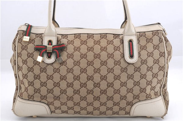 Auth GUCCI Web Sherry Line Princy Ribbon Tote Bag GG Canvas Leather Brown 4947E