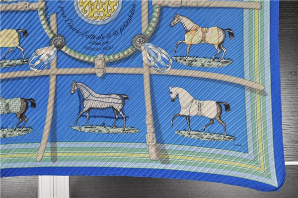 Auth HERMES Pleats Scarf "Couvertures et tenues de jour" Silk Blue Box 4968F