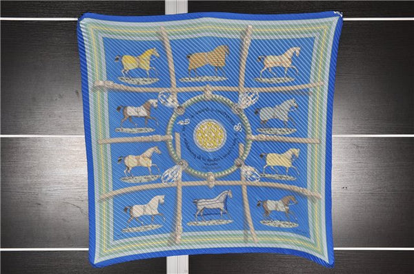 Auth HERMES Pleats Scarf "Couvertures et tenues de jour" Silk Blue Box 4968F