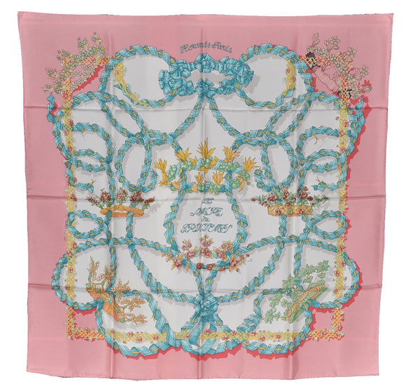 Authentic HERMES Carre 90 Scarf "LE SACRE DU PRINTEMPS" Silk Pink 4973F