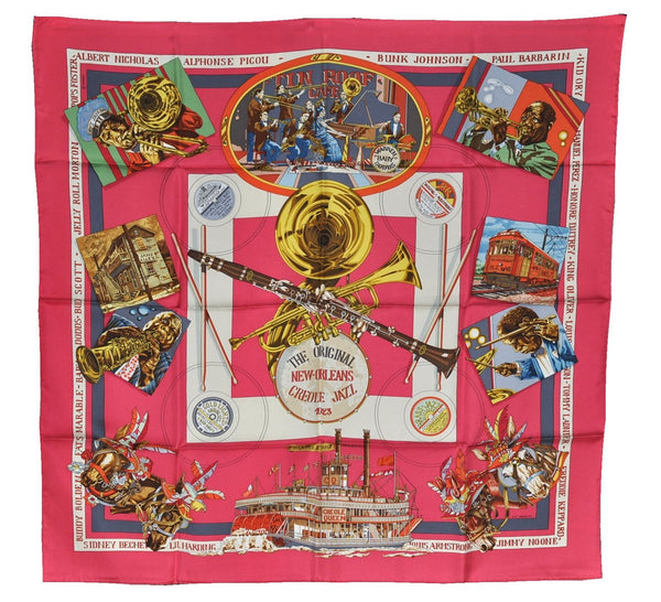 Authentic HERMES Carre 90 Scarf "NEW ORLEANS THE ORIGINAL" Silk Pink 4974F