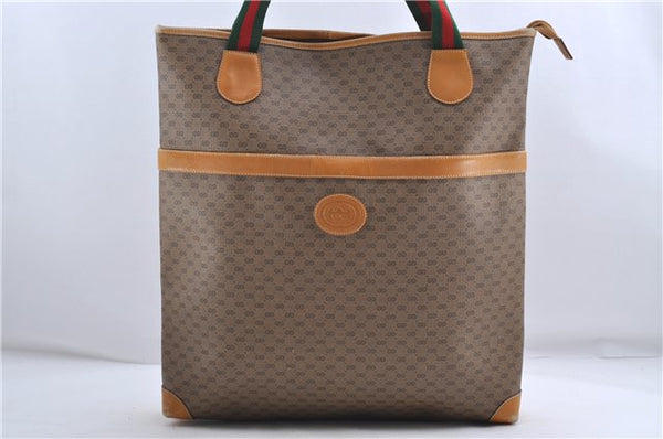 Auth GUCCI Web Sherry Line Micro GG Shoulder Tote Bag PVC Leather Brown 4975D