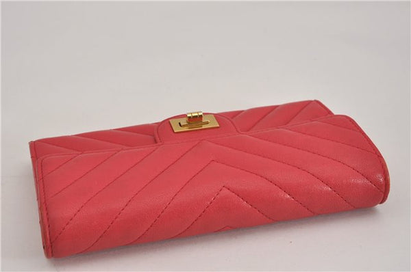 Authentic CHANEL Calf Skin V Stitch CC Logo Long Wallet Purse Pink Box 4983F