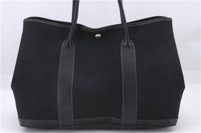 Authentic HERMES Garden Party MM Shoulder Tote Bag Canvas Leather Black 4987E