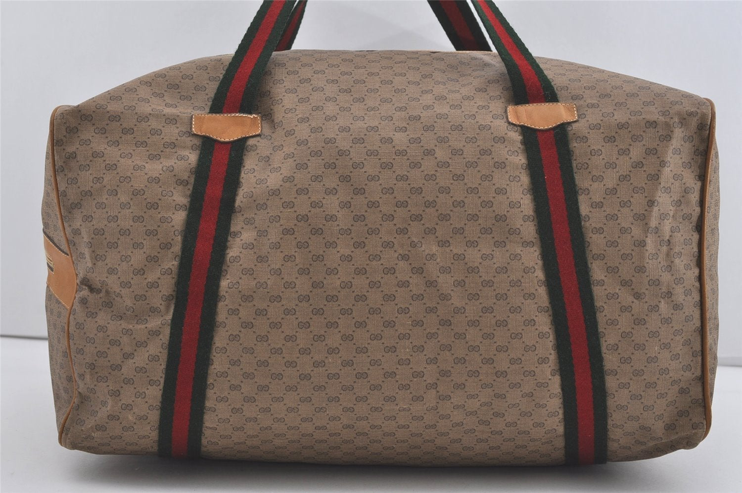 Authentic GUCCI Web Sherry Line Micro GG PVC Leather Boston Bag Brown 4995I