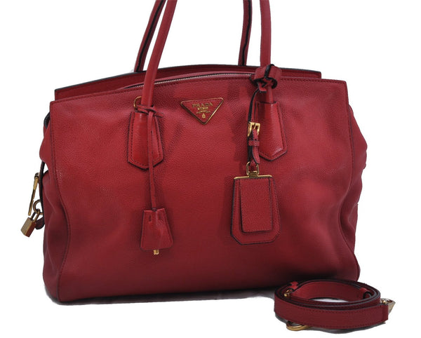 Authentic PRADA Vintage Leather Nappa 2Way Shoulder Hand Tote Bag Red 5020F