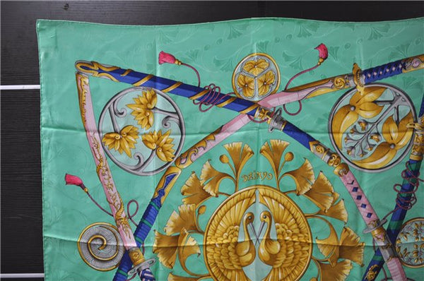 Auth HERMES Carre 90 Scarf "DAIMYO PRINCES DU SOLEIL LEVANT" Silk Green 5022C