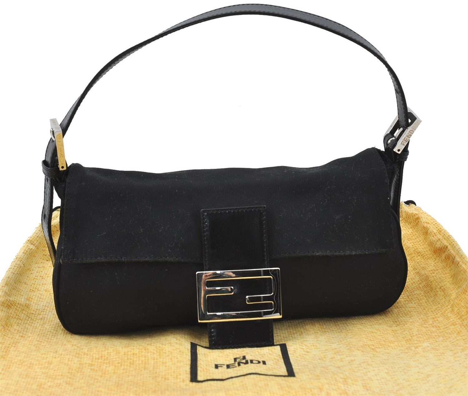 Authentic FENDI Mamma Baguette Shoulder Hand Bag Jersey Leather Black 5022D