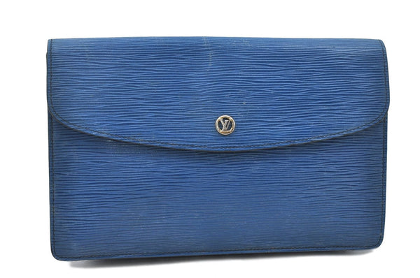Authentic Louis Vuitton Epi Montaigne 27 Clutch Bag Blue M52655 LV 5026D