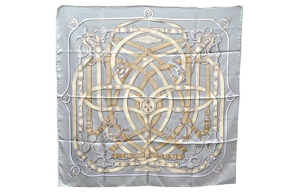 Authentic HERMES Carre 90 Scarf "CAVALCADOUR" Silk Gray 5028E