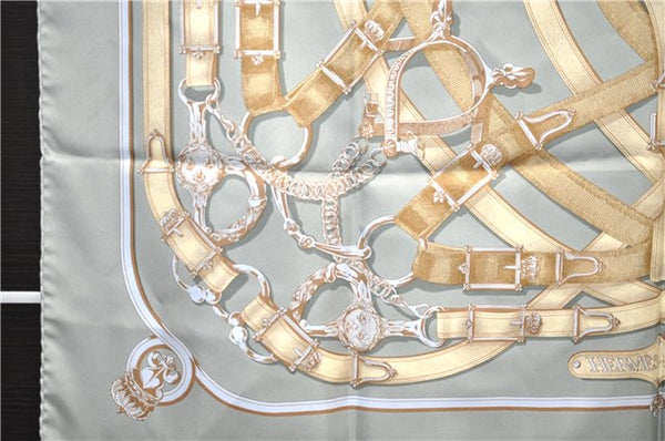 Authentic HERMES Carre 90 Scarf "CAVALCADOUR" Silk Gray 5028E