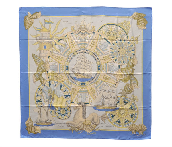 Authentic HERMES Carre 90 Scarf "L'AIR MARIN" Silk Light Blue 5030E