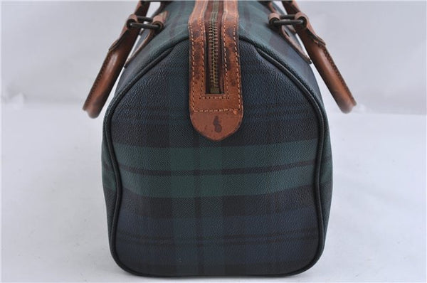 Authentic POLO Ralph Lauren Check Pattern Hand Boton Bag PVC Leather Green 5031C