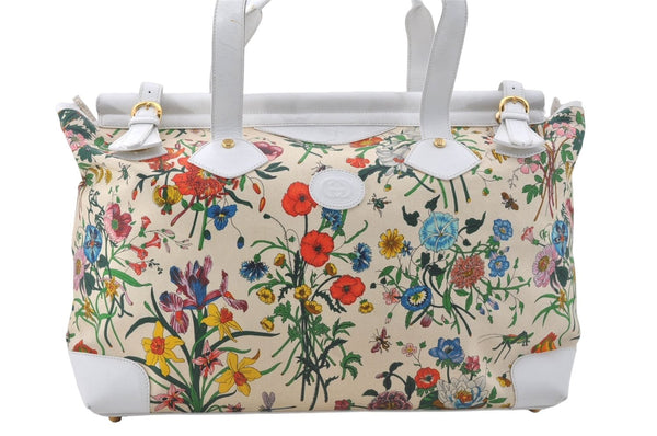 Authentic GUCCI Flora Shoulder Tote Bag Canvas Leather White 5037D