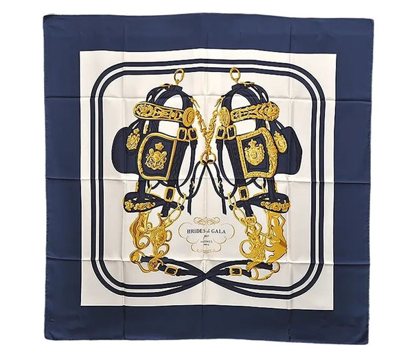 Authentic HERMES Carre 90 Scarf "BRIDES de GALA par" Silk Navy 5040E