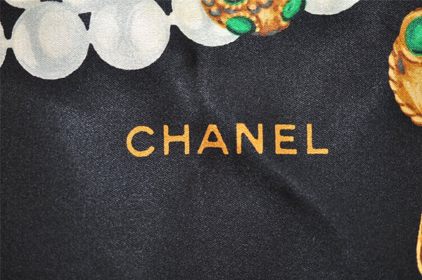 Authentic CHANEL Scarf Jewelry Pearl Motif CC Logo Silk Black 5046I