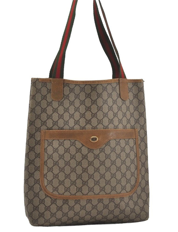 Authentic GUCCI Web Sherry Line Shoulder Tote Bag GG PVC Leather Brown 5050I