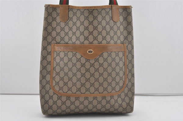 Authentic GUCCI Web Sherry Line Shoulder Tote Bag GG PVC Leather Brown 5050I