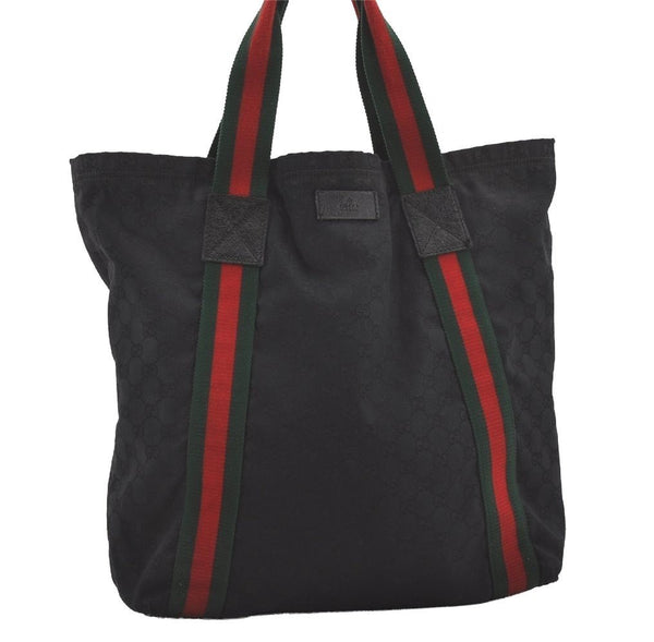 Authentic GUCCI Web Sherry Line Tote Bag GG Canvas Leather 189669 Black 5066I